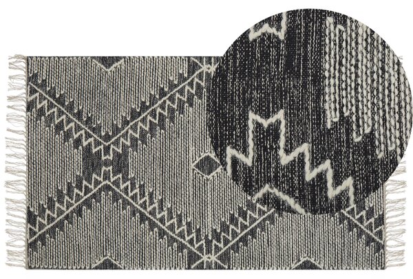 Matta Off-White Svart Bomull Ull 80 x 150 cm Geometriskt Mönster Runor Stam Tofsar Orientalisk Beliani