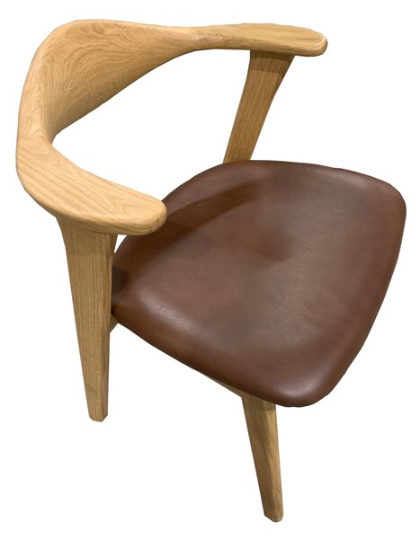 Designer matsalsstol med armstöd - mörkbrunt läder och massiv naturfärgad ek