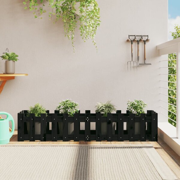 Odlingslåda med staket-design svart 150x30x30 cm massiv furu