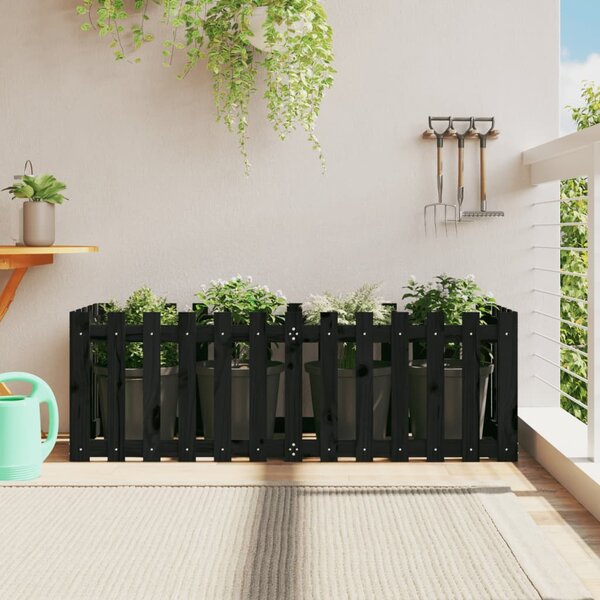 Odlingslåda med staket-design svart 150x50x50 cm massiv furu