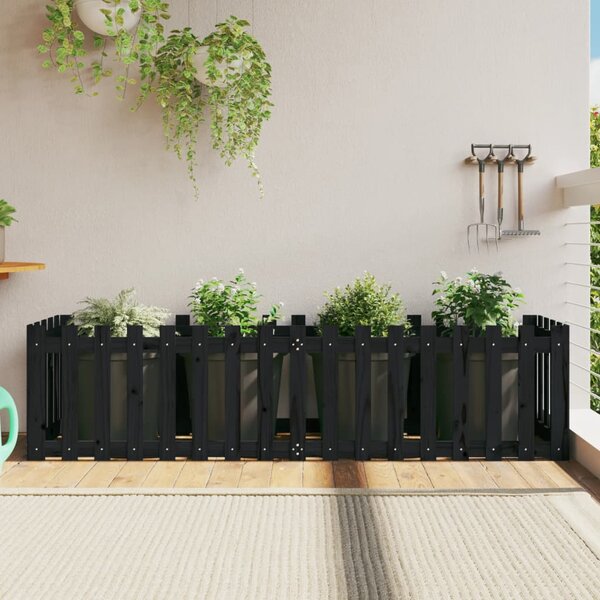 Odlingslåda med staket-design svart 200x50x50 cm massiv furu